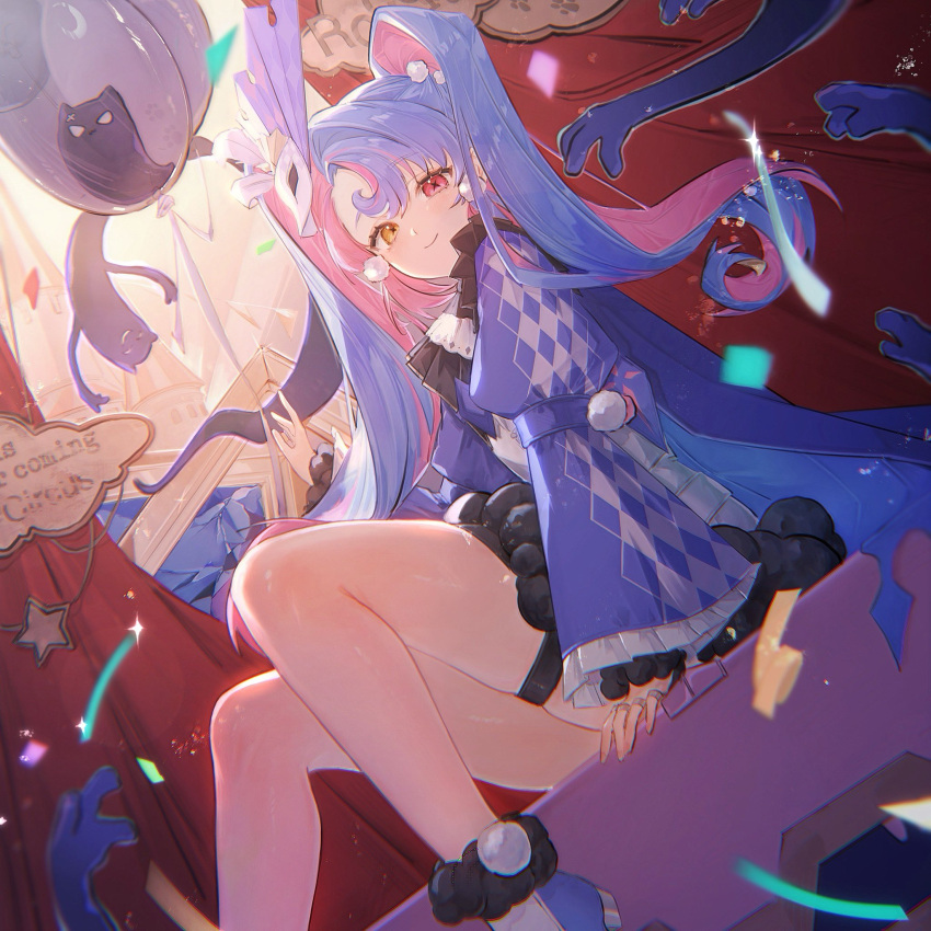 1girl, artist_name, balloon, black_collar, blue_hair, collar, commentary_request, dress, hand_up, heterochromia, highres, jewelry, long_hair, long_sleeves, looking_at_viewer, multicolored_hair, multiple_rings, nagu_amane, pero_(wuthering_waves), pink_eyes, pink_hair, revision, ring, roccia_(wuthering_waves), short_dress, solo, thigh_strap, twintails, two-tone_hair, very_long_hair, white_collar, white_dress, wuthering_waves, yellow_eyes