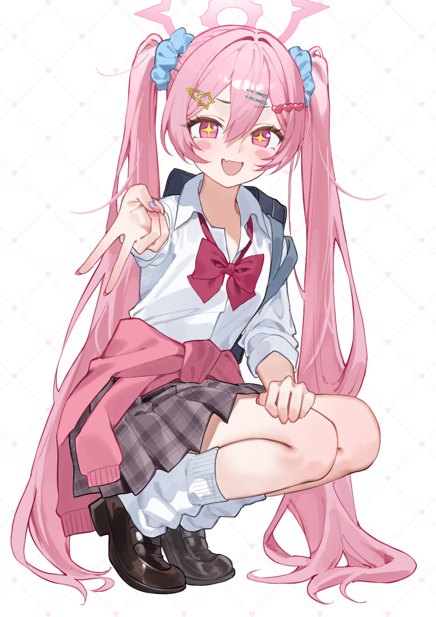 +_+, 1girl, :d, =_hair_ornament, alternate_costume, blue_archive, blue_scrunchie, blush_stickers