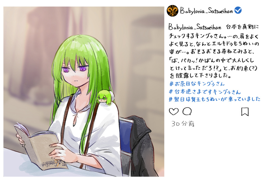 2others, book, chair, commentary_request, enkidu_(fate), fate/strange_fake, fate_(series), green_hair