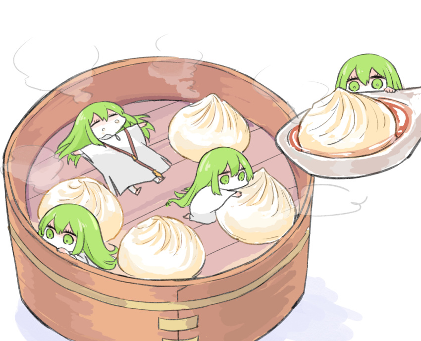 4others, bamboo_steamer, chibi, dumpling, enkidu_(fate), fate/strange_fake, fate_(series), food