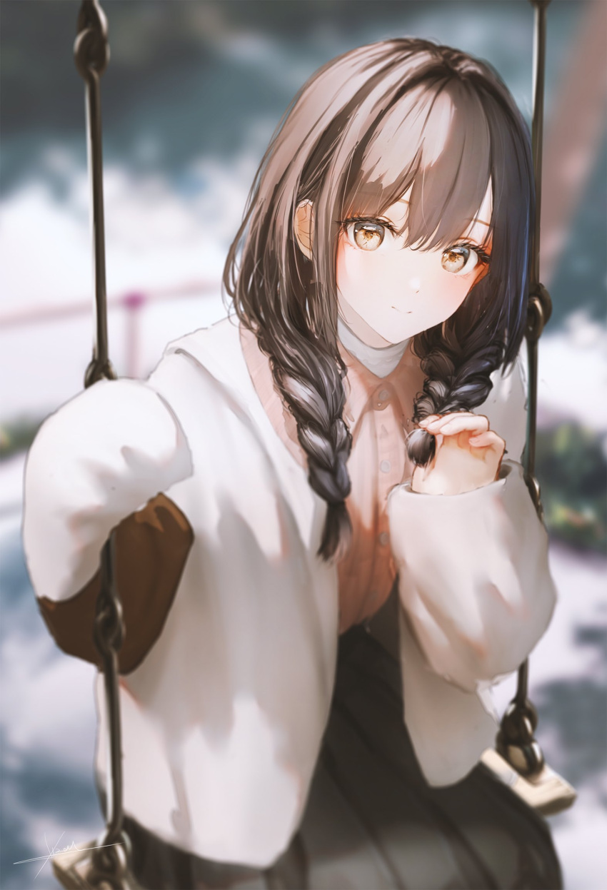 1girl, black_skirt, blurry, blurry_background, braid, brown_eyes, brown_hair, cardigan, closed_mouth, commentary_request, hands_up, highres, jacket, jizell, long_hair, long_sleeves, looking_at_viewer, open_clothes, open_jacket, original, outdoors, pink_cardigan, pleated_skirt, signature, sitting, skirt, smile, solo, swing, twin_braids, white_jacket