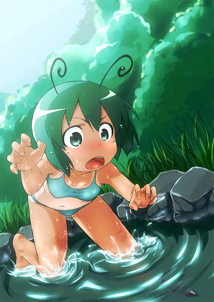 antennae, barefoot, bikini, flat_chest, green_eyes, green_hair, hands, kusaba