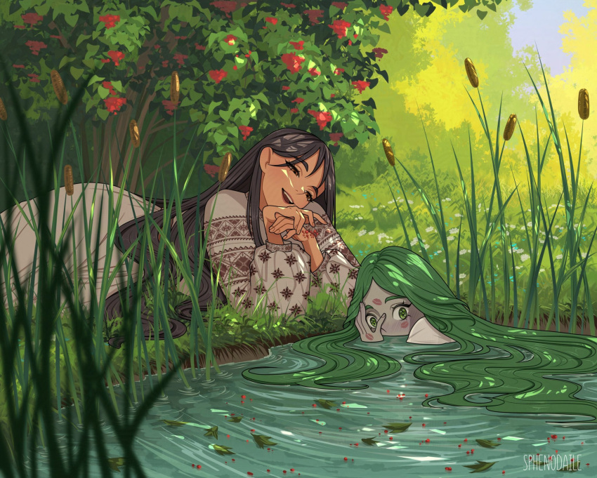 2girls, after_kiss, blush, couple, forest, green_eyes, green_hair, highres