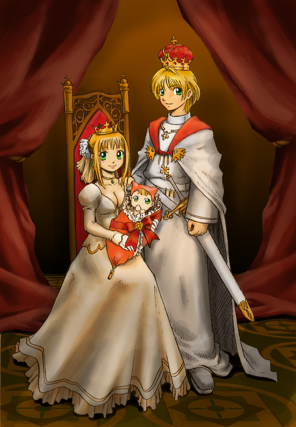 blonde_hair, cornet, crown, dress, earrings, family, ferdinand_marl_e, green_eyes
