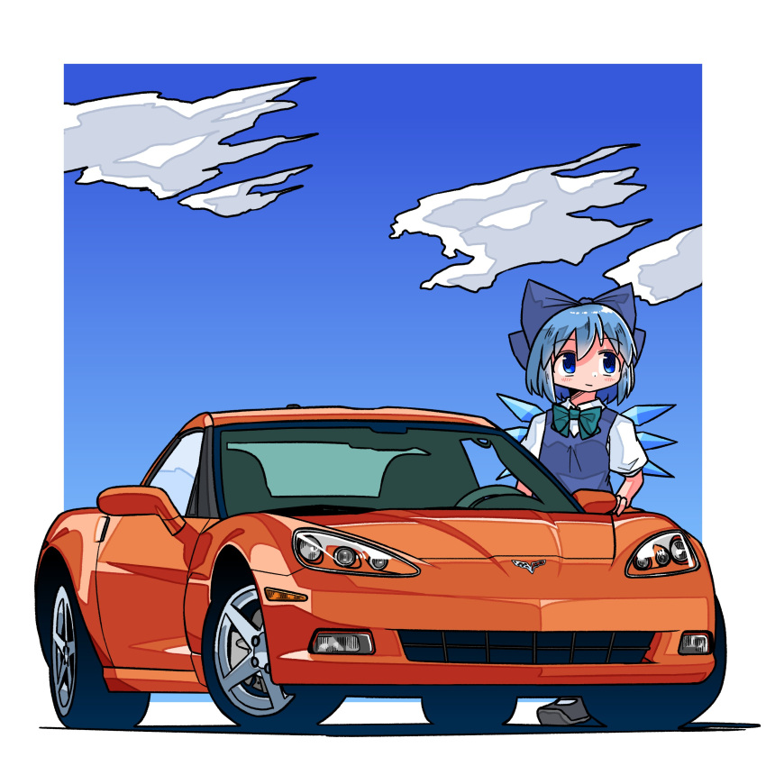 1girl, absurdres, blue_bow, blue_dress, blue_hair, blue_sky, border, bow