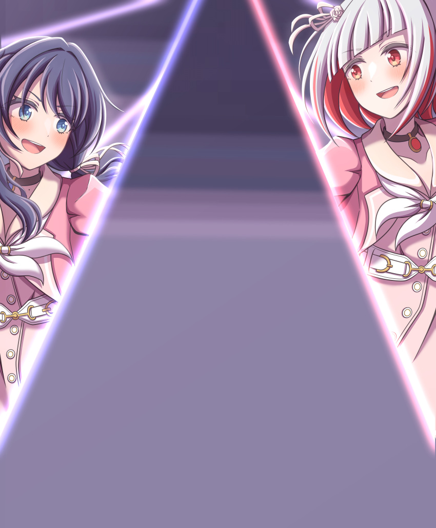 2girls, :d, absurdres, black_choker, bloom_the_smile_bloom_the_dream!, blue_eyes, blue_hair, blush, bob_cut, choker, colored_inner_hair, commentary_request, diagonal_bangs, dress, ganbarai, hair_ornament, hair_ribbon, highres, inverted_bob, jacket, knot_(love_live!), link!_like!_love_live!, long_hair, love_live!, low_twintails, mole, mole_on_neck, multicolored_hair, multiple_girls, murano_sayaka, neckerchief, official_alternate_costume, open_clothes, open_jacket, pink_dress, pink_jacket, red_eyes, red_hair, ribbon, short_hair, smile, star_(symbol), star_hair_ornament, streaked_hair, teeth, twintails, upper_teeth_only, v-shaped_eyebrows, virtual_youtuber, white_hair, white_neckerchief, white_ribbon, yugiri_tsuzuri