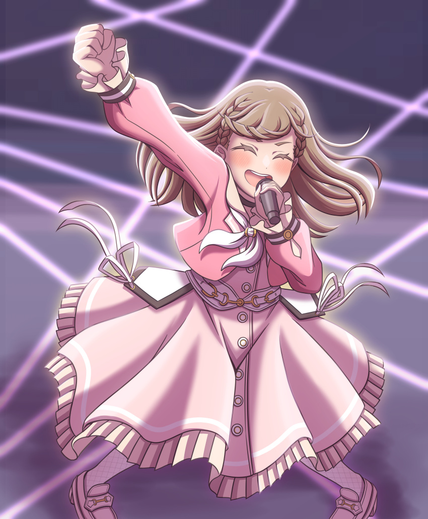 1girl, :d, ^_^, absurdres, arm_up, bloom_the_smile_bloom_the_dream!, blush, braid, brown_hair, center-flap_bangs, clenched_hand, closed_eyes, commentary_request, dress, eyebrows_hidden_by_hair, frilled_dress, frills, full_body, ganbarai, highres, holding, holding_microphone, jacket, kachimachi_kosuzu, knot_(love_live!), legs_apart, link!_like!_love_live!, loafers, long_dress, long_hair, long_sleeves, love_live!, microphone, neckerchief, official_alternate_costume, open_clothes, open_jacket, open_mouth, pantyhose, pink_dress, pink_footwear, pink_jacket, raised_fist, shoes, side_braids, smile, solo, straight_hair, teeth, upper_teeth_only, v-shaped_eyebrows, virtual_youtuber, white_neckerchief, white_pantyhose