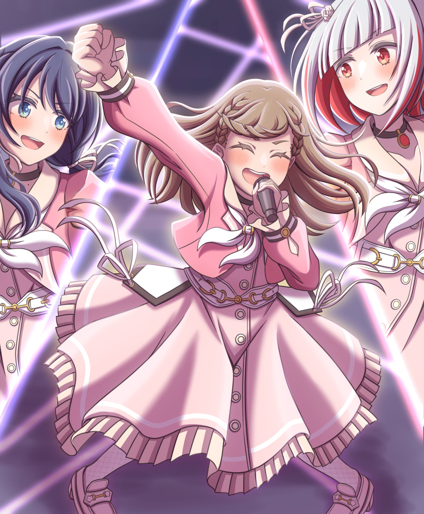 3girls, 3rd_live_tour_try_tri_unity!!!, :d, ^_^, absurdres, arm_up, black_choker, bloom_the_smile_bloom_the_dream!