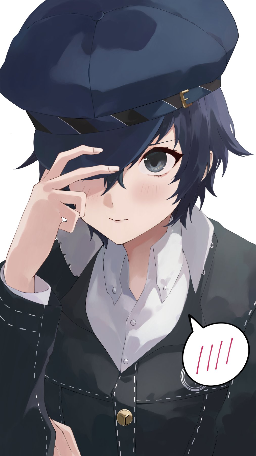 1girl, adjusting_clothes, adjusting_headwear, blue_eyes, blue_hair, blue_hat, blue_jacket, blush, cabbie_hat, collared_shirt, colored_eyelashes, crossdressing, detective, gold_buttons, hand_on_headwear, hand_up, hat, hat_over_one_eye, highres, jacket, konchi_(63438789), light_blush, long_sleeves, looking_at_viewer, persona, persona_4, reverse_trap, shirogane_naoto, shirt, short_hair, simple_background, solo, tomboy, upper_body, white_background, white_shirt