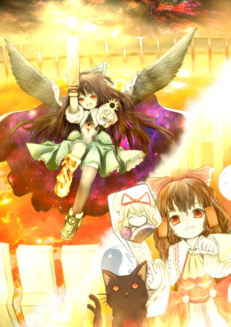 ascot, asymmetrical_clothes, asymmetrical_clothing, bad_id, blonde_hair, bow, brown_hair, cat, detached_sleeves, fan, folding_fan, hair_bow, hakurei_reimu, hat, highres, kaenbyou_rin, kaenbyou_rin_(cat), long_hair, miko, mismatched_footwear, red_eyes, reiuji_utsuho, shiki_shaku, third_eye, touhou, weapon, wings, yakumo_yukari, yin_yang