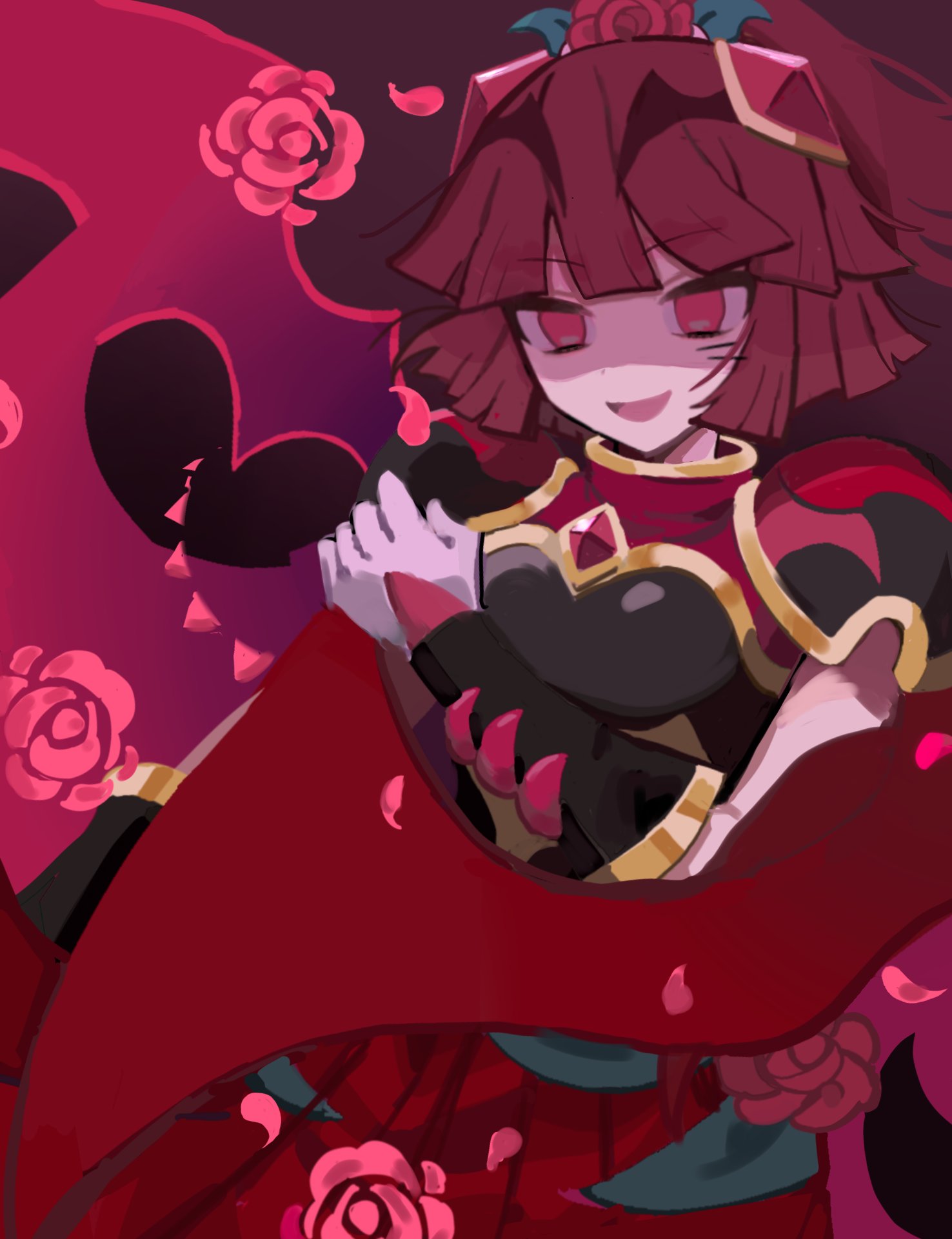 1girl, armor, black_armor, blunt_bangs, brown_hair, cape, dark_arle, evil_smile