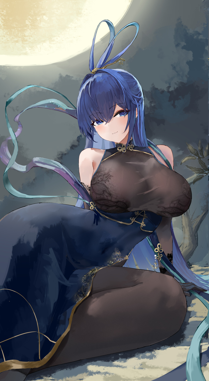 1girl, absurdres, azur_lane, bare_shoulders, blue_hair, breasts, china_dress, chinese_clothes, dress, full_moon, highres, huge_breasts, long_hair, looking_at_viewer, moon, new_jersey_(azur_lane), new_jersey_(dancing_in_the_moonlight)_(azur_lane), outdoors, solo, suo_bu_ye_feng, thighs