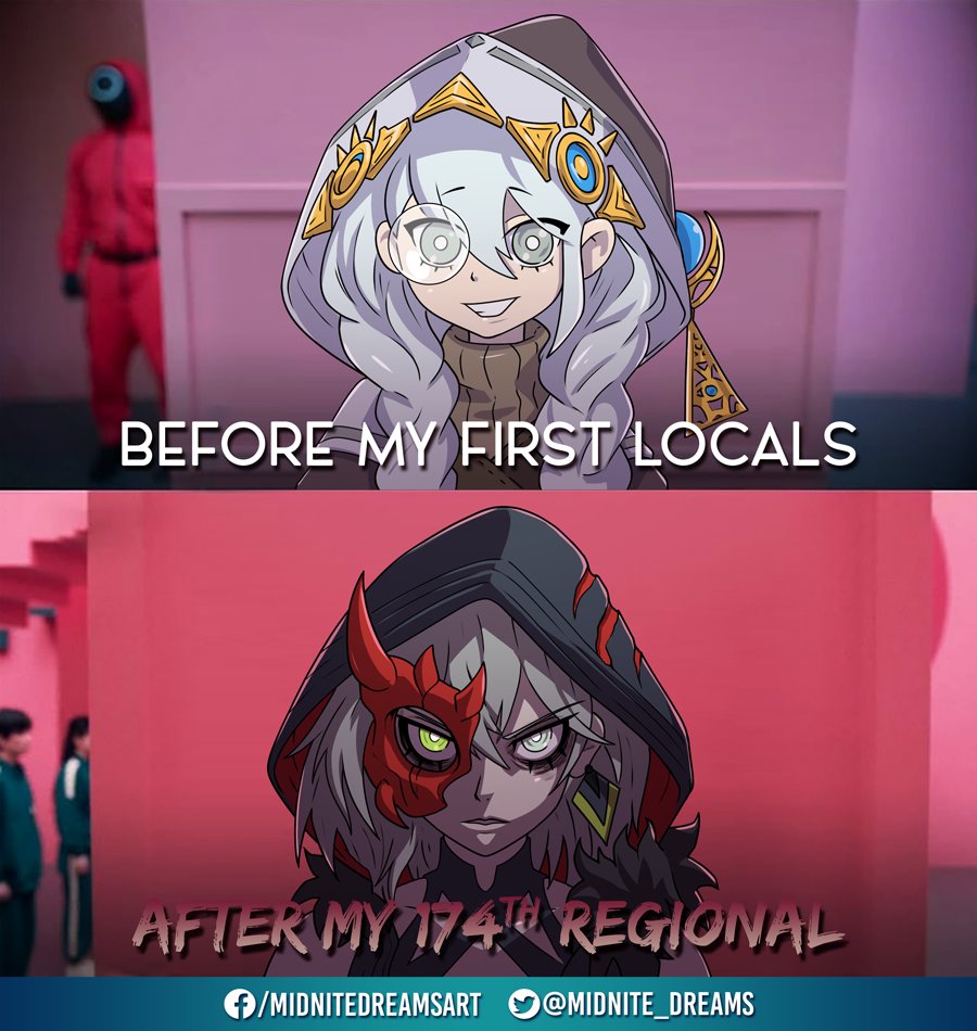 1girl, artist_name, astellar_of_the_white_forest, before_and_after, black_hood, diabellstar_the_black_witch, duel_monster, english_text, green_eyes, grey_eyes, grey_hair, grin, half_mask, heterochromia, hood, looking_at_viewer, low_twintails, mask, meme, midnite_dreams, monocle, photo-referenced, photo_background, serious, shaded_face, smile, squid_game, straight-on, twintails, year_1_&amp;_year_2_(squid_game)_(meme), yu-gi-oh!