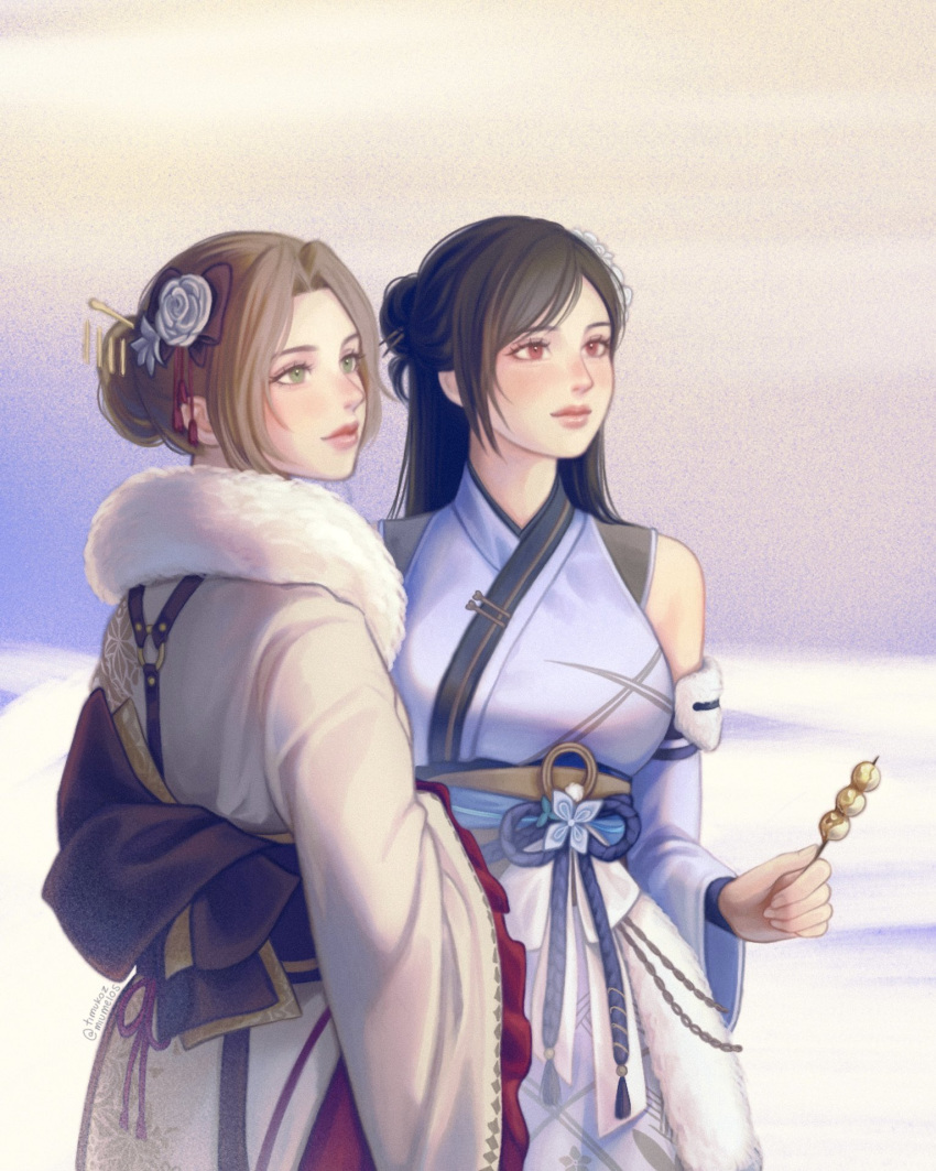 2girls, aerith_gainsborough, aerith_gainsborough_(festive_crimson_attire), bare_shoulders, black_hair, blush, breasts, brown_hair, closed_mouth, cowboy_shot, detached_sleeves, english_commentary, final_fantasy, final_fantasy_vii, final_fantasy_vii_ever_crisis, flower, food, fur_trim, green_eyes, hair_bun, hair_flower, hair_ornament, hanaflans, highres, holding, holding_food, japanese_clothes, kimono, large_breasts, lips, long_hair, looking_up, multiple_girls, obi, official_alternate_costume, official_alternate_hairstyle, outdoors, parted_lips, red_eyes, sash, sleeveless, sleeveless_kimono, swept_bangs, takoyaki, tifa_lockhart, tifa_lockhart_(festive_blue_daffodil_attire)