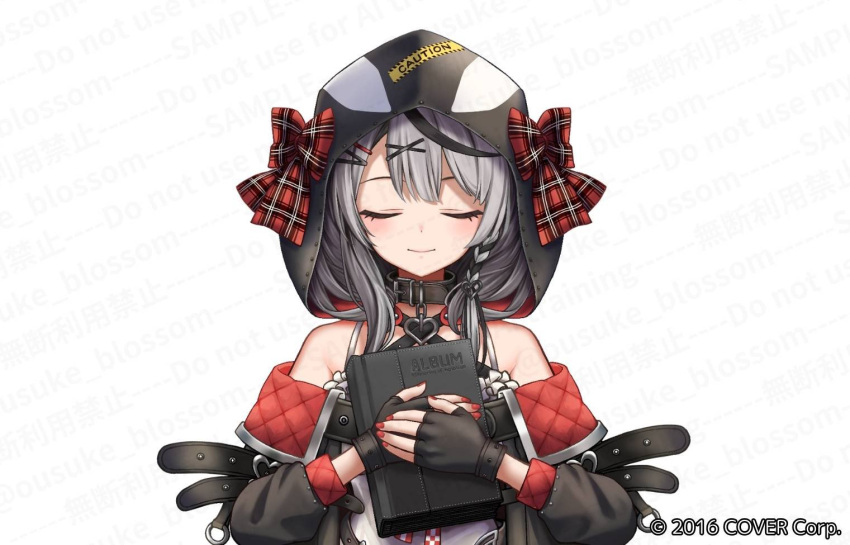 1girl, 8766103, animal_hood, black_collar, black_gloves, black_hair, black_hood, black_jacket