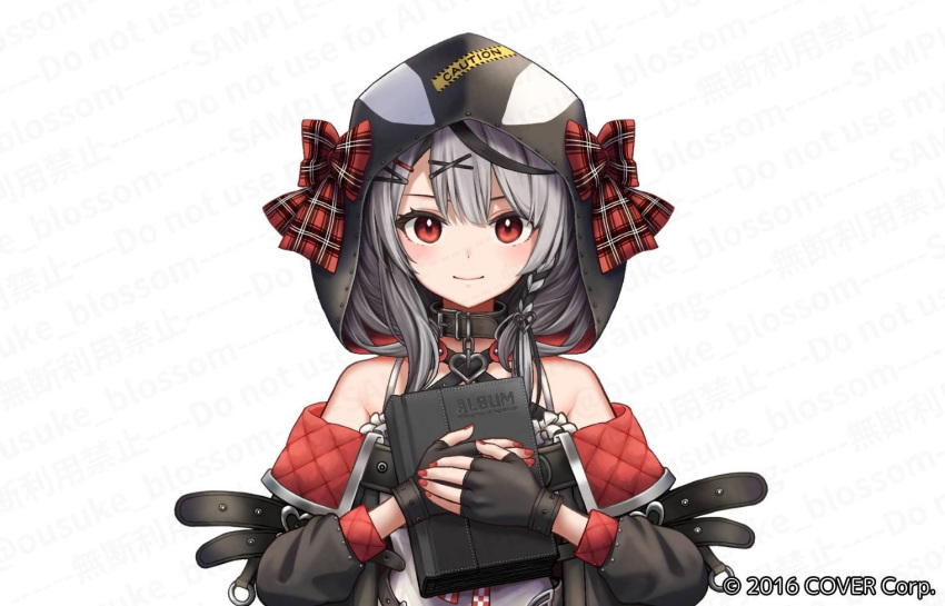 1girl, animal_hood, black_collar, black_gloves, black_hair, black_hood, black_jacket, blush