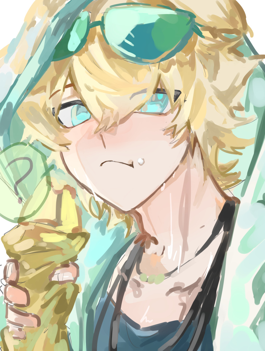 1boy, ?, absurdres, animal_ears, arknights, blonde_hair, blue_eyes, blue_vest, blush, chinese_commentary, closed_mouth, collarbone, commentary_request, crumbs, dog_boy, dog_ears, eyewear_on_head, food, food_request, hair_between_eyes, hand_up, highres, holding, holding_food, hood, hood_up, hooded_jacket, jacket, jewelry, light_frown, looking_at_viewer, malachuanchuanxiang31373, male_focus, messy_hair, multiple_necklaces, necklace, open_clothes, open_jacket, solo, speech_bubble, spoken_question_mark, sunglasses, tequila_(arknights), thick_eyebrows, upper_body, vest, white_background