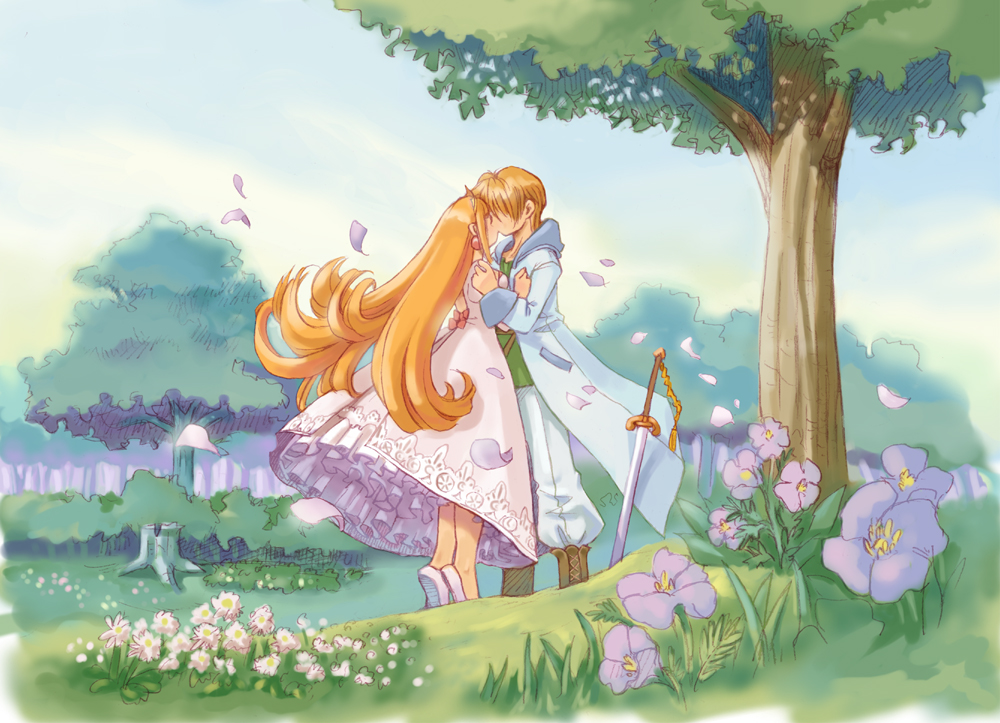 1girl, cello_(marl_kingdom), couple, crown, curly_hair, dress, flower, frills