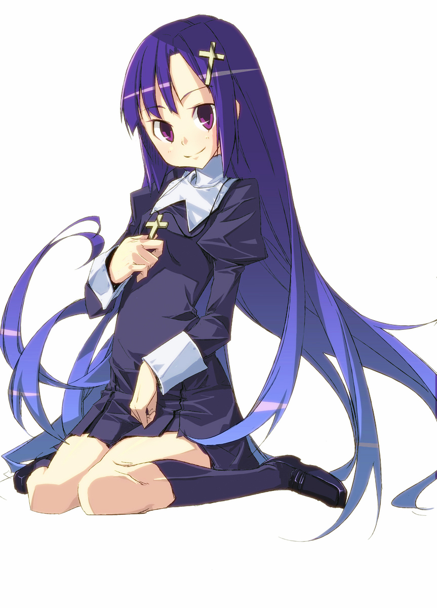 footwear, hair_ornament, hairclip, highres, jewelry, kannagi, long_hair, necklace, nun, purple_eyes, purple_hair, shigure_(crimsonlover), smile, socks, solo, violet_eyes, zange
