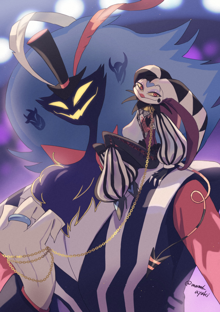 2boys, animal_head, artist_name, asmodeus_(helluva_boss), bird_boy, black_footwear, black_hat, black_pants