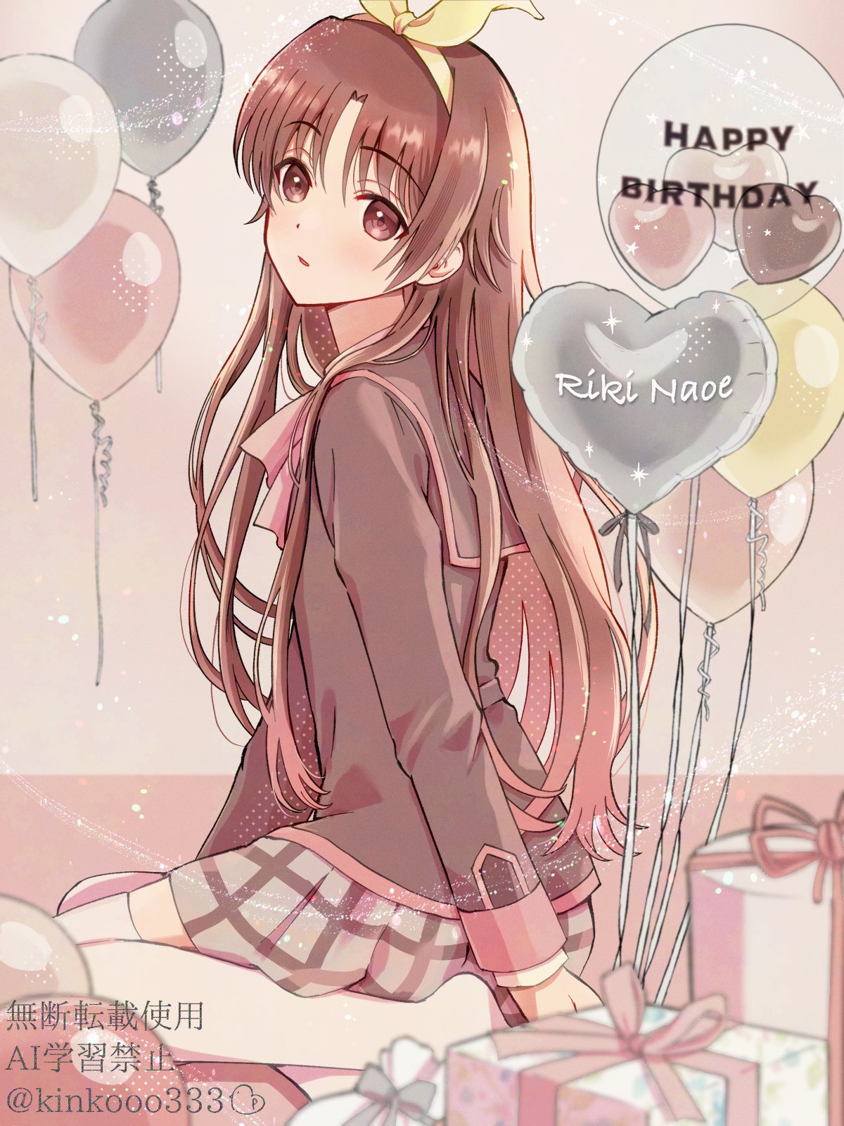 1boy, arm_at_side, balloon, black_jacket, blurry, blush, bow, box