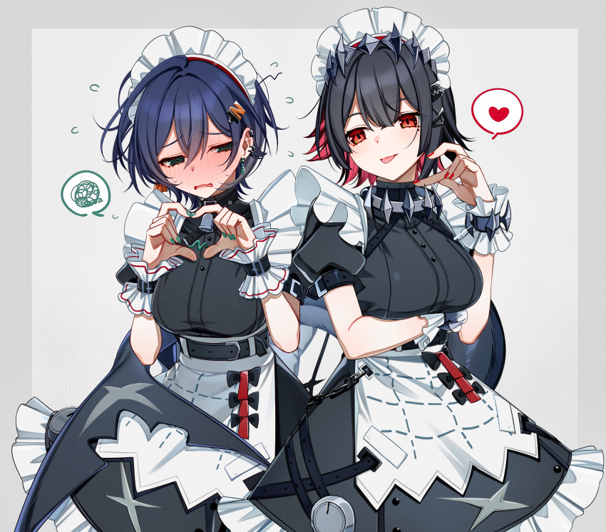 2girls, 4-finger_heart_hands, @_@, absurdres, alternate_costume, arm_under_breasts, belle_(zenless_zone_zero), black_dress