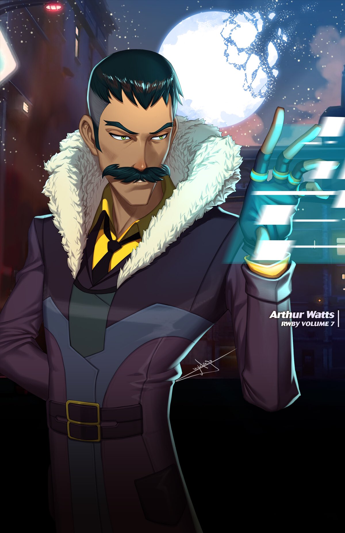 1boy, arthur_watts, black_gloves, black_hair, black_necktie, broken_moon, building, character_name, clouds, coat, collared_shirt, commentary, copyright_name, english_commentary, facial_hair, fingerless_gloves, fur-trimmed_coat, fur_trim, gloves, green_eyes, highres, holographic_interface, jewelry, moon, mustache, necktie, night, night_sky, official_art, ring, rwby, shirt, short_hair, signature, sky, smile, solo, star_(sky), upper_body, uyalago, yellow_shirt