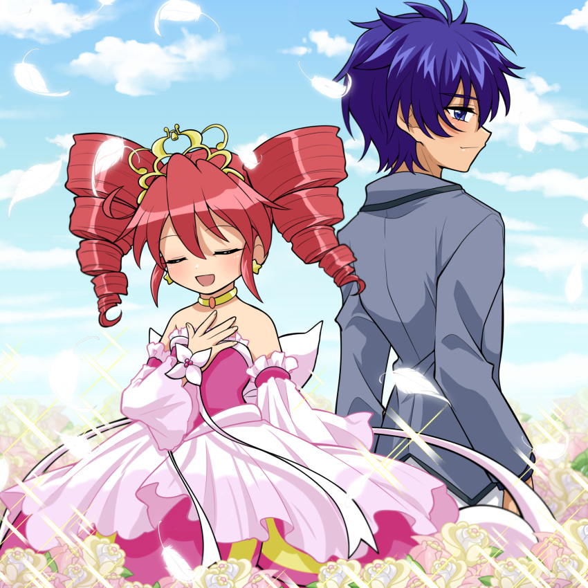 1boy, 1girl, back_bow, bare_shoulders, blue_eyes, blue_hair, blue_sky, blush