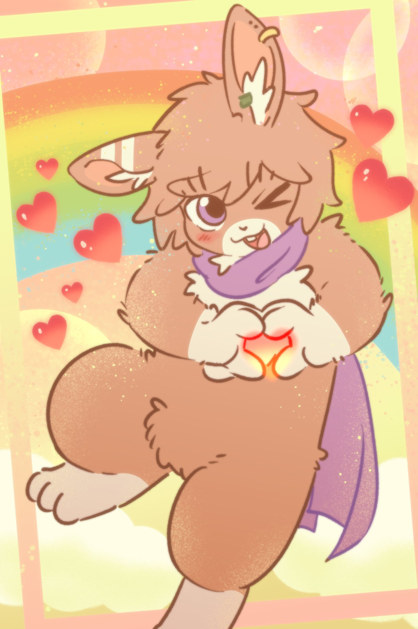>_o, 1boy, animal_ears, blush, buck_teeth, earrings, english_commentary, furry, furry_male, heart, heart_hands, highres, jewelry, looking_at_viewer, male_focus, one_eye_closed, open_mouth, papyuuno, purple_scarf, rabbit_boy, rabbit_ears, scarf, single_earring, smile, teeth, tuye_(yu_shou_yan), violet_eyes, yu_shou_yan