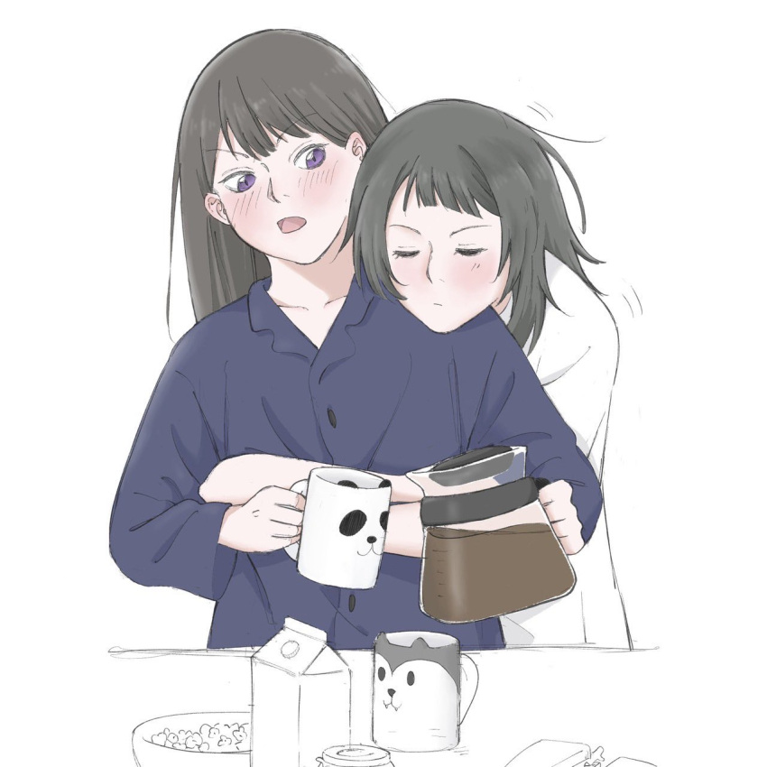 2girls, bang_dream!, bang_dream!_it's_mygo!!!!!, black_hair, blue_shirt, blush, brown_hair, closed_eyes, closed_mouth, coffee_pot, commentary, cup, hashtag-only_commentary, head_on_another's_shoulder, highres, holding, holding_cup, hug, hug_from_behind, i_love_lesbian, long_hair, long_sleeves, morning, multiple_girls, open_mouth, pajamas, shiina_taki, shirt, simple_background, violet_eyes, white_background, white_shirt, yahata_umiri, yuri