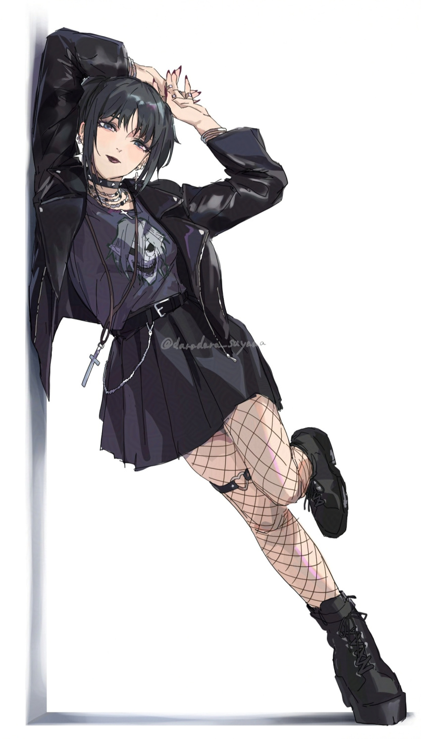 1girl, against_wall, ankle_boots, arms_up, belt, belt_buckle, black_choker, black_footwear