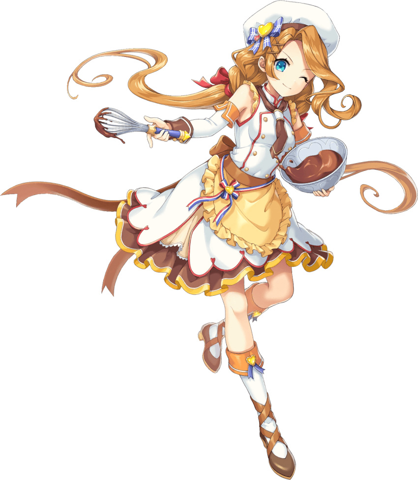 1girl, artist_request, bare_shoulders, blue_eyes, bow, bowl, breasts, brown_footwear