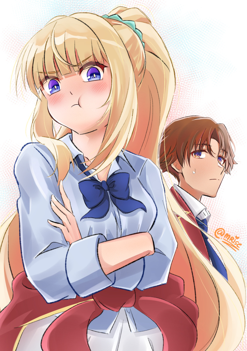 1boy, 1girl, advanced_nurturing_high_school_uniform, angry, ayanokouji_kiyotaka, blonde_hair, blue_bow, blue_bowtie