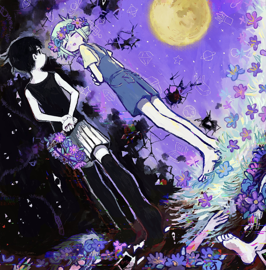 2boys, absurdres, antenna_hair, arms_behind_back, barefoot, black_eyes, black_hair, black_tank_top