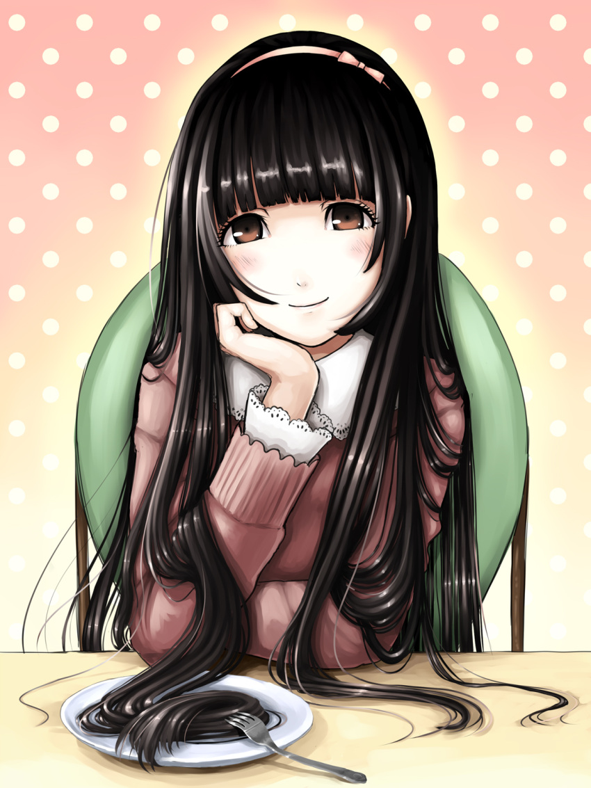 bangs, black_hair, blunt_bangs, brown_eyes, chair, chin_rest, fork, hair_as_food
