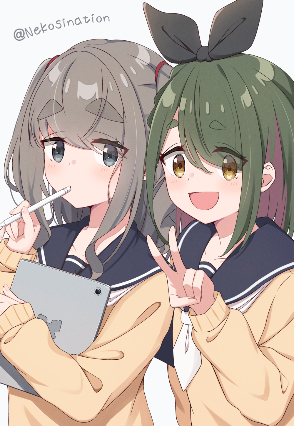 2girls, blue_sailor_collar, bow, cardigan, drawing_tablet, eyes_visible_through_hair, green_hair, grey_eyes