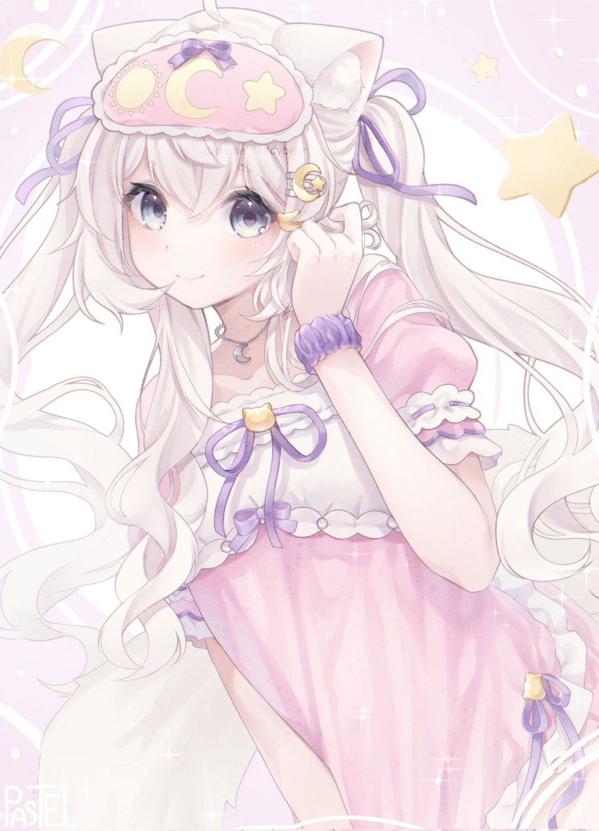 1girl, ahoge, animal_ear_fluff, animal_ears, artist_logo, babydoll, blue_eyes, cat_ears, cat_girl, cat_hair_ornament, closed_mouth, collarbone, commission, crescent, crescent_hair_ornament, crescent_necklace, crossed_bangs, cweamcat, dress, dutch_angle, frilled_babydoll, frilled_sleeves, frills, hair_ornament, hair_ribbon, hairclip, head_tilt, highres, indie_virtual_youtuber, jewelry, light_blush, logo, long_hair, looking_at_viewer, necklace, nightgown, pajamas, pastel_colors, pastel_teddybear, pillow, pink_dress, pink_nightgown, puffy_short_sleeves, puffy_sleeves, purple_ribbon, purple_scrunchie, ribbon, scrunchie, short_sleeves, sleep_mask, smile, solo, sparkle, sparkling_aura, star_(symbol), star_hair_ornament, threads_username, twintails, twirling_hair, upper_body, virtual_youtuber, watermark, white_hair, wrist_scrunchie