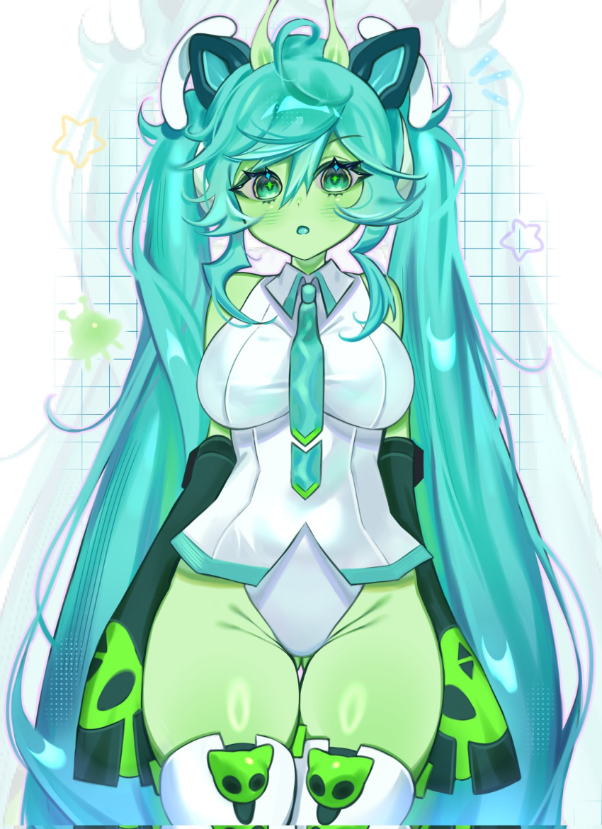 1girl, alien, animal_ears, antennae, blue_hair, breasts, cat_ears, colored_skin