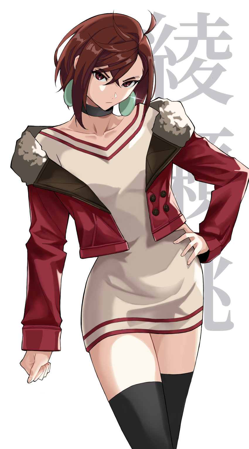1girl, absurdres, ahoge, ayase_momo, black_choker, black_thighhighs, brown_eyes, brown_hair