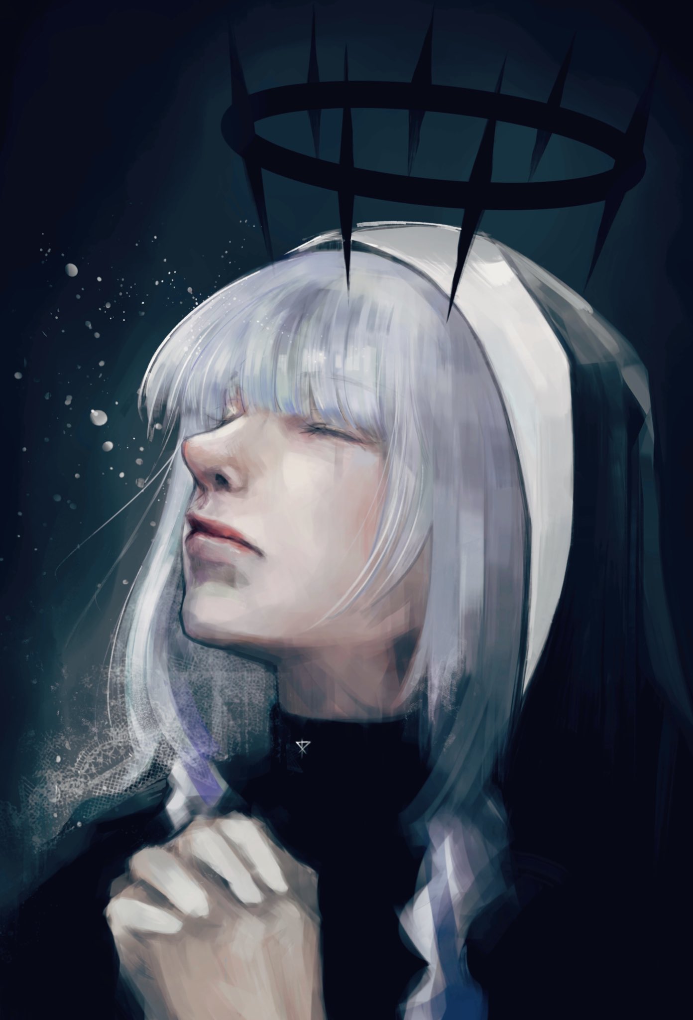1girl, black_halo, braid, choujin_x, closed_eyes, floating_crown, grey_hair, halo