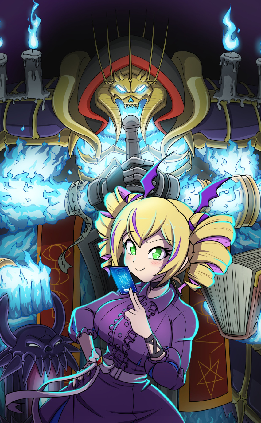 1boy, 1girl, absurdres, blonde_hair, blue_fire, blush, breasts, card, cowboy_shot, digimon, digimon_(creature), digimon_card_game, digimon_liberator, dress, drill_hair, extra_arms, festus_flare, fire, green_eyes, highres, holding, holding_card, holding_sword, holding_weapon, large_breasts, long_hair, multicolored_hair, necromon, purple_dress, purple_hair, sword, trading_card, twin_drills, two-tone_hair, violet_inboots, weapon