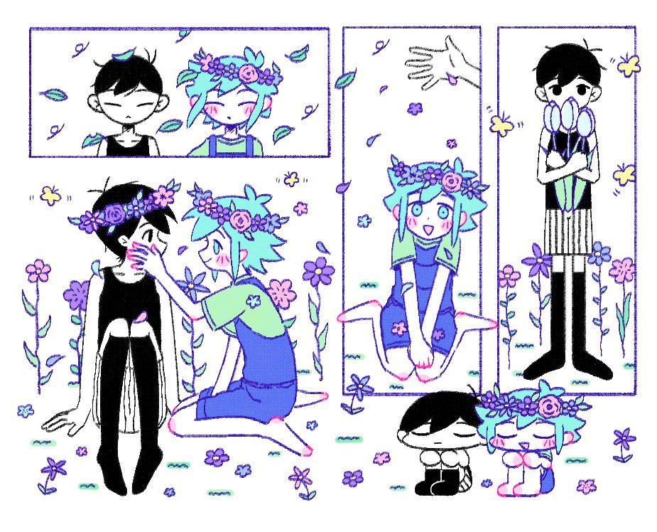 2727_onigiri, 2boys, antenna_hair, barefoot, basil_(headspace)_(omori), basil_(omori), black_eyes, black_hair