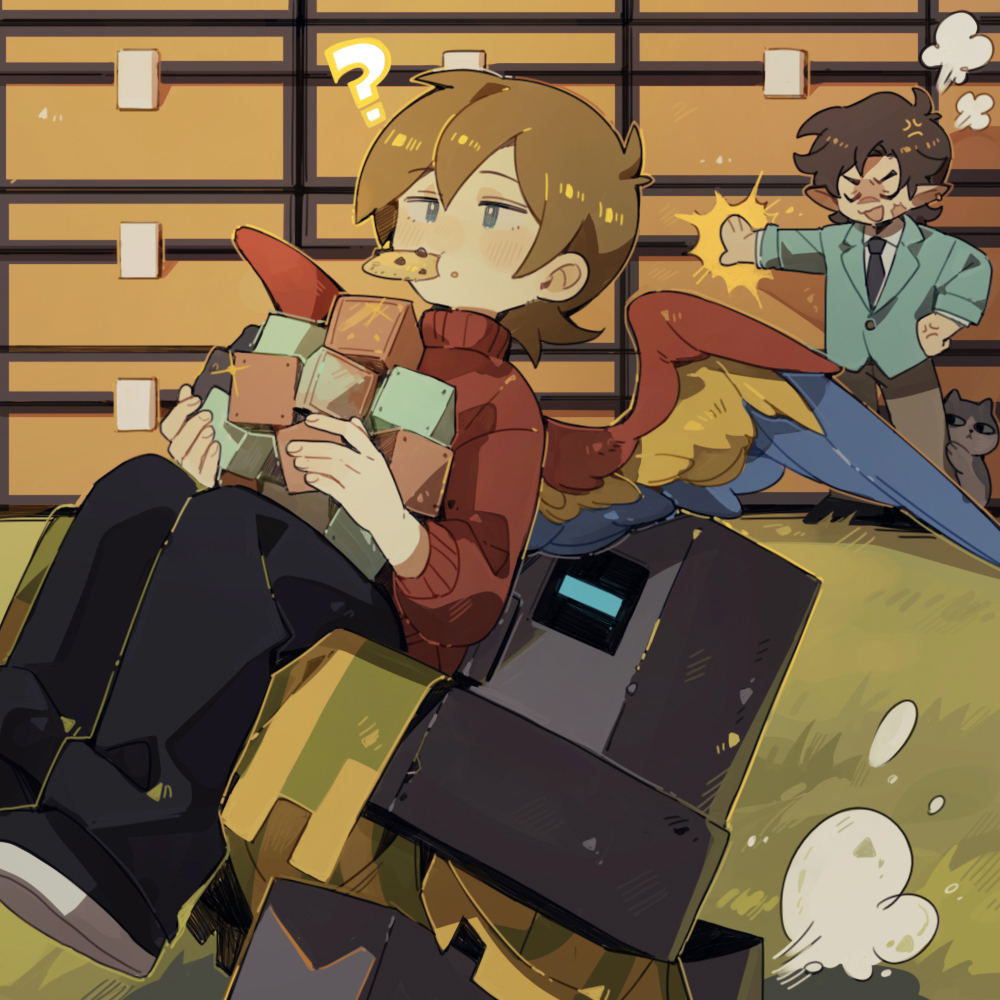 1other, 2boys, ?, animification, bird_boy, bird_wings, block_(minecraft), brown_hair