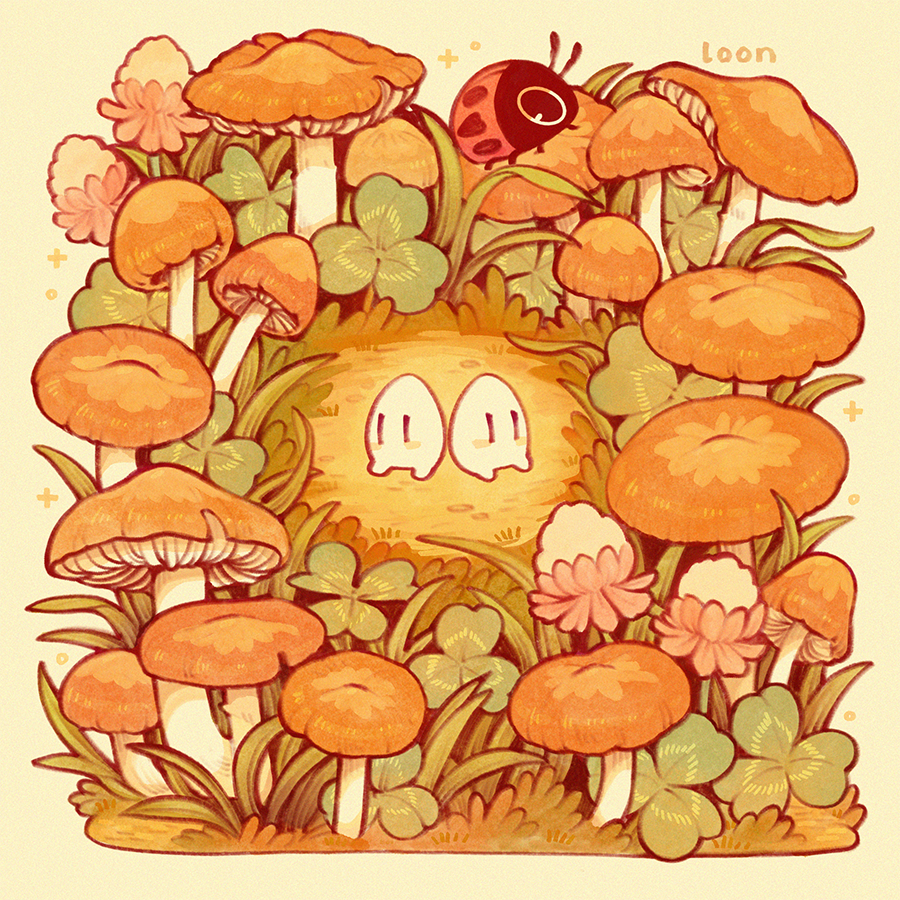 blush_stickers, bug, clover, commentary, creature, english_commentary, fairy_ring, grass