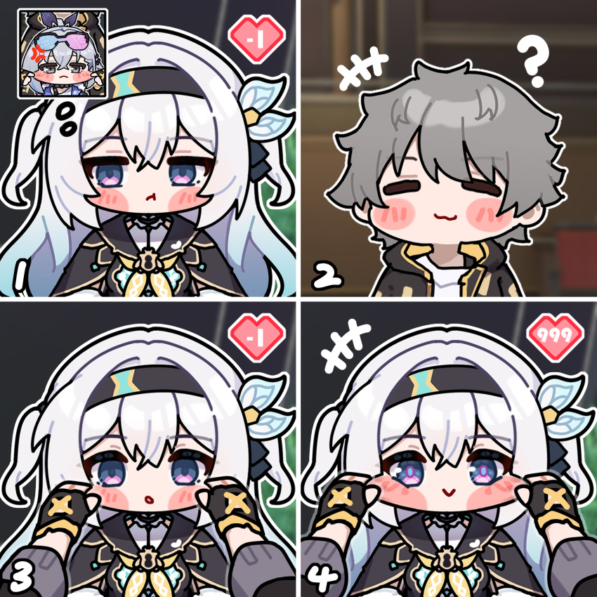 ?, anger_vein, caelus_(honkai:_star_rail), cheek_pinching, firefly_(honkai:_star_rail), hair_between_eyes, hair_intakes, hairband
