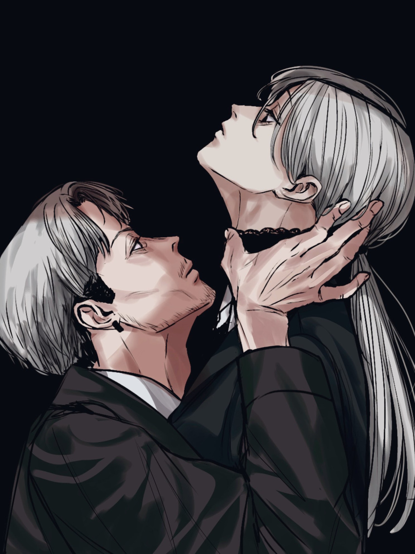 1boy, 1girl, adam's_apple, amikoiiko, beard_stubble, black_background, black_hair, black_jacket