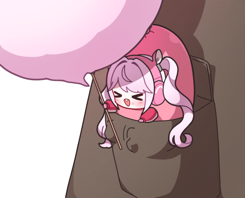 >_<, 1girl, :d, alice_(nikke), animal_ear_headphones, animal_ears, blush, chibi, closed_eyes, commander_(nikke), cotton_candy, fake_animal_ears, food, gloves, goddess_of_victory:_nikke, happy, headphones, headset, highres, holding, holding_cotton_candy, holding_food, inside_pocket, jacket, kicking, long_hair, mini_person, multicolored_clothes, multicolored_gloves, open_mouth, out_of_frame, pink_gloves, pink_hair, shrug_(clothing), smile, solo_focus, twintails, two-tone_gloves, uz_(uzru0428), xd