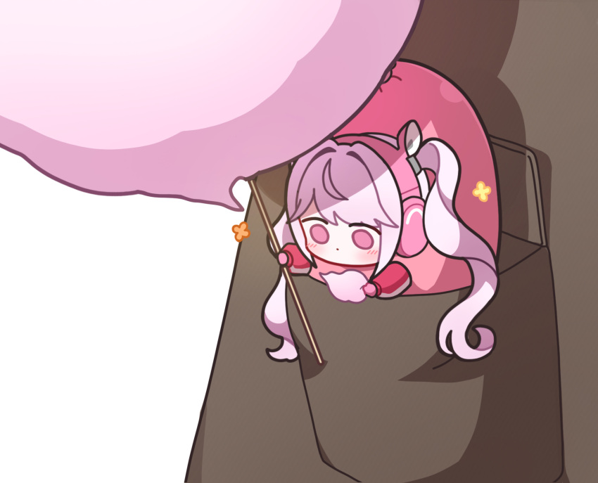 1girl, alice_(nikke), animal_ear_headphones, animal_ears, blush, chibi, commander_(nikke), cotton_candy, fake_animal_ears, food, gloves, goddess_of_victory:_nikke, headphones, headset, highres, holding, holding_cotton_candy, holding_food, inside_pocket, jacket, long_hair, mini_person, multicolored_clothes, multicolored_gloves, open_mouth, out_of_frame, pink_eyes, pink_gloves, pink_hair, shrug_(clothing), solo_focus, twintails, two-tone_gloves, uz_(uzru0428)