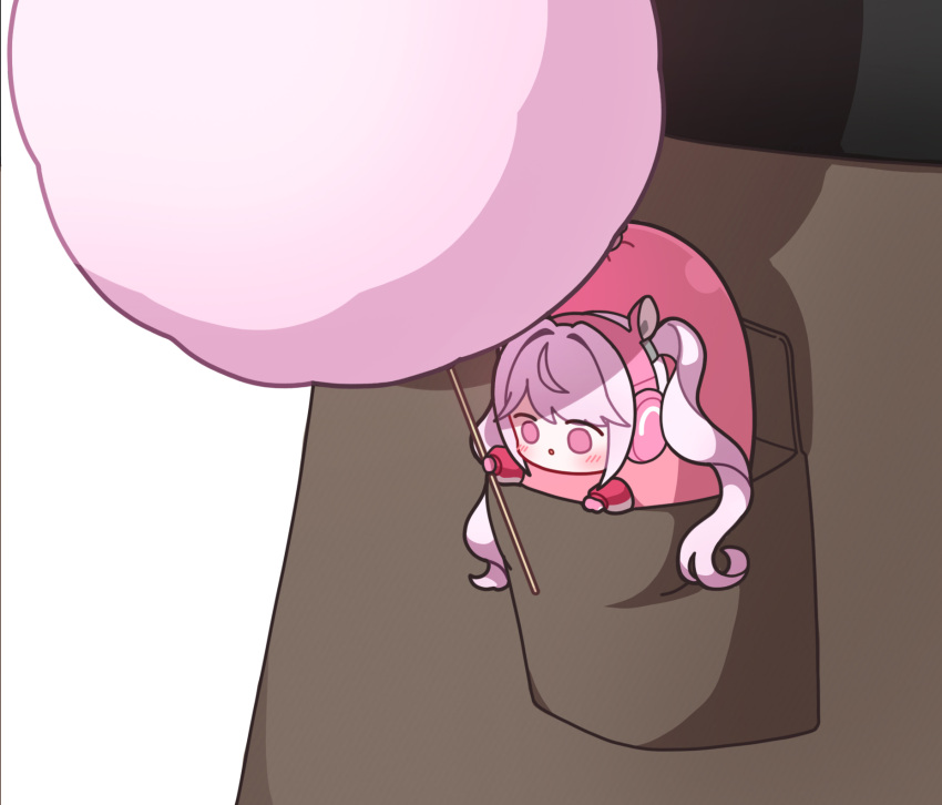1girl, alice_(nikke), animal_ear_headphones, animal_ears, blush, chibi, commander_(nikke), cotton_candy