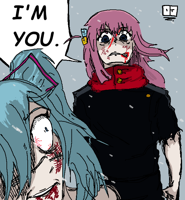 2girls, aqua_hair, blood, blood_on_face, bloodshot_eyes, bocchi_the_rock!, cosplay, cube_hair_ornament